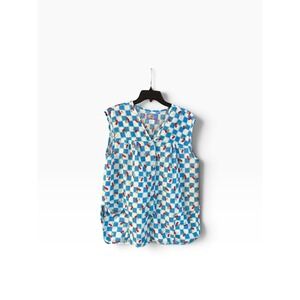 Moon Dance Women Blue Checkered Cherry Print Smock Vest Top 1X 111400